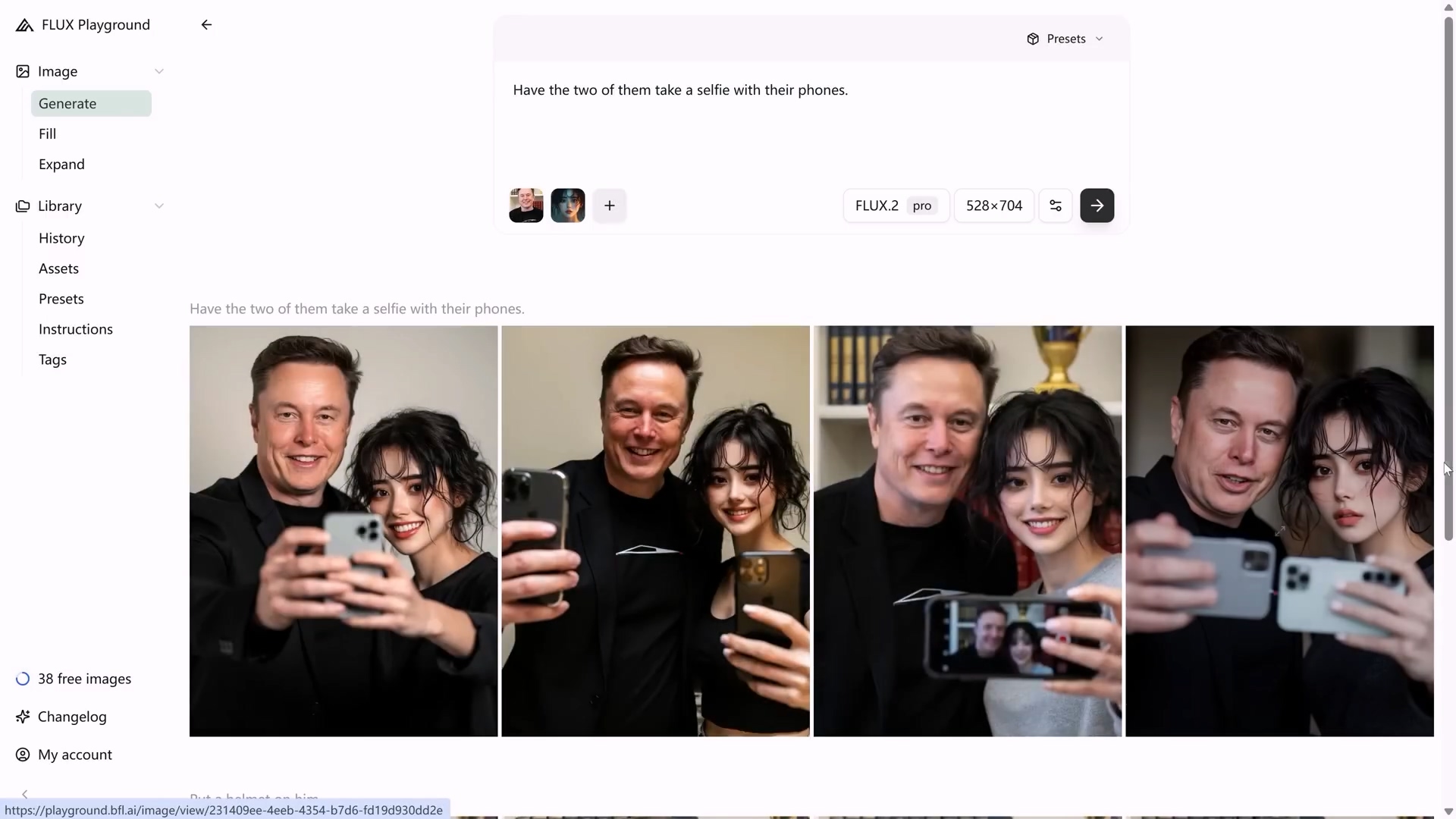FLUX 2.0による人物一貫性のデモ。イーロン・マスクと女性の自撮りを生成