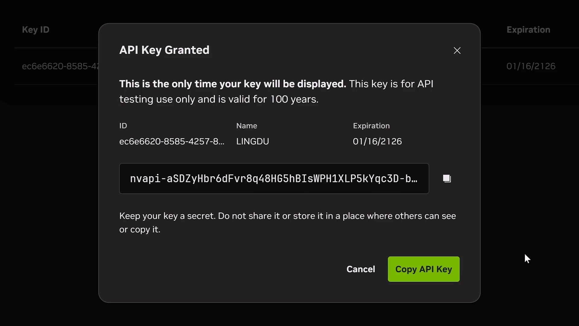 発行されたNVIDIA APIキー